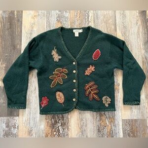 L.L. Bean Women's Dark Green Cardigan Sweater Leaf Appliqué XL Vintage 80s 90s